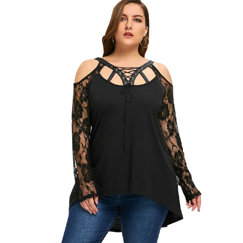 Gamiss Autumn Spring Top T-Shirt Women Halloween Plus Size Cold Shoulder Lace Up Top Black Lace T-Shirt Long Sleeve Big Size 5XL Modern Contemporary Chic