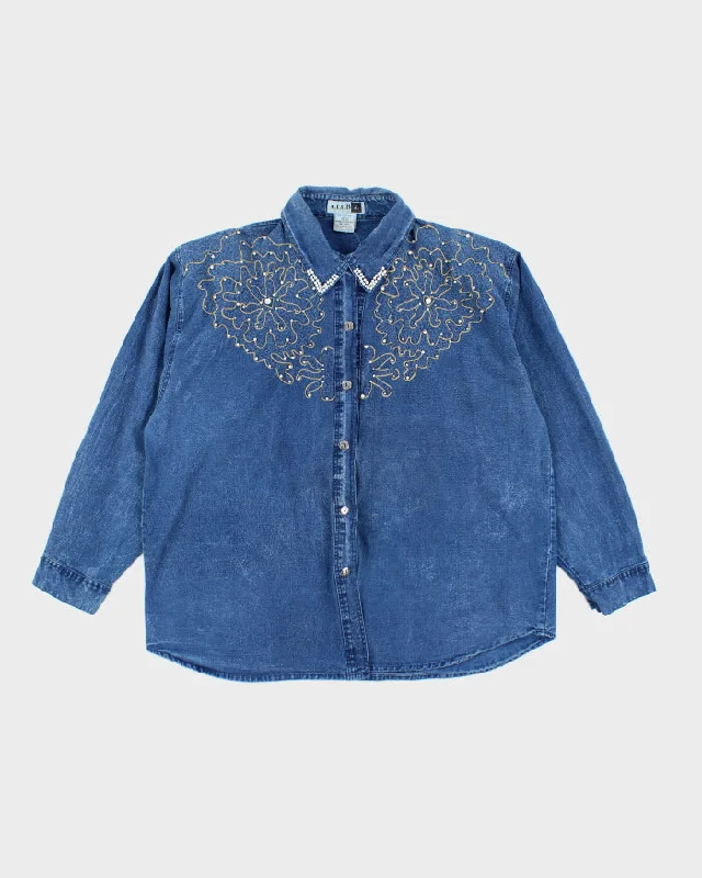 Vintage Club Z Denim Beaded Shirt - XXL Zippered Front Buttoned Front Snap Front