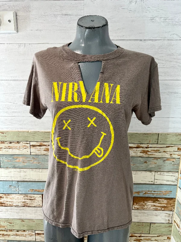 00’s Gray Distress Nirvana Revival Music T-Shirt Collared T-Shirt Boat Neck A-Line