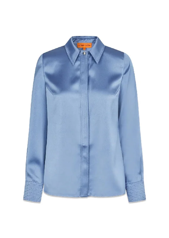 Collared Fitted Shirt - Infinity Blue Zippered Front Buttoned Front Snap Front