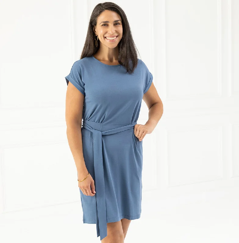 Threshold Tie Waist T-Shirt Dress Standard Fit - Vista Blue Notch Collar Peter Pan Collar Cowl Neck
