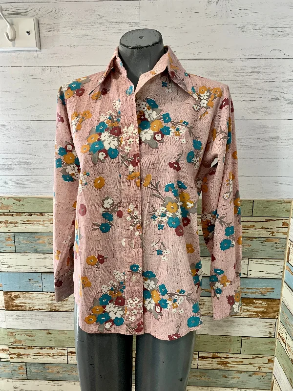 70s Red Blue, And Orange Floral Print Button Up Shirt Seamless Knitted Crochet