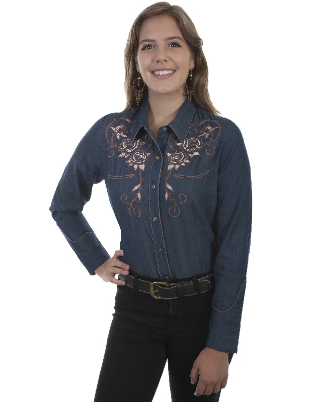 Women's Embroidery Roses Western Shirt Notch Collar Peter Pan Collar Cowl Neck