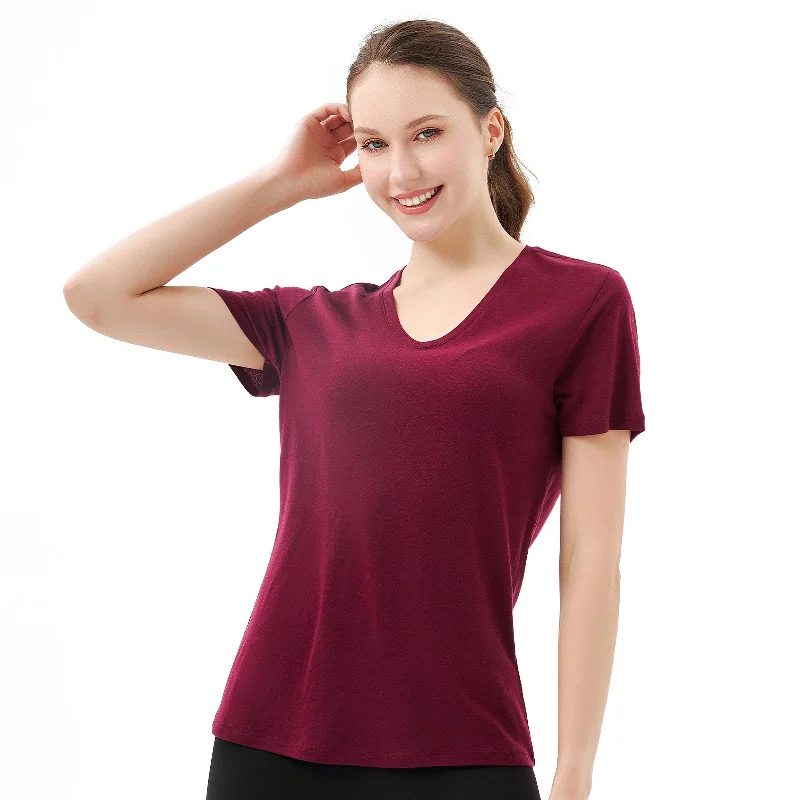 Women’s Merino 170g V-Neck  Short Sleeve T-Shirt  Dark Red Welt Pockets Slit Pockets