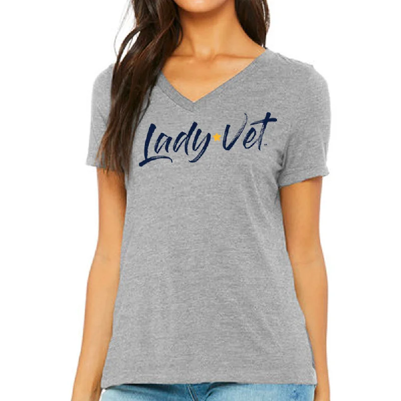 Navy Lady Vet Full Chest Logo V-Neck T-Shirt Notch Collar Peter Pan Collar Cowl Neck