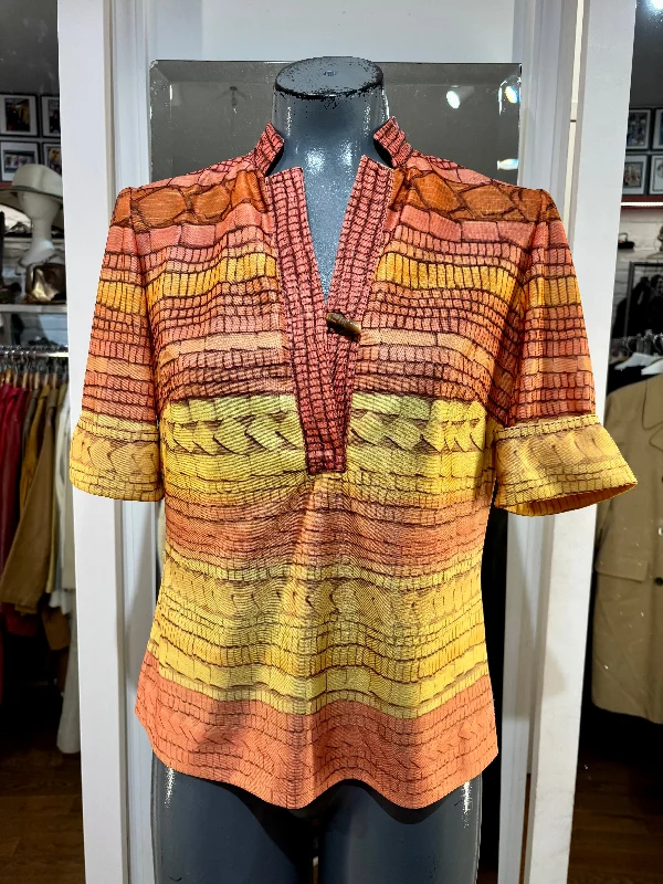 70’s Yellow Multicolor V Neck Shirt By Leslie Fay Elasticated Padded Insulated