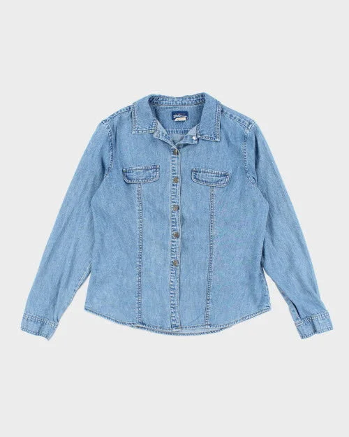 Vintage 90s Express Blue Denim Shirt - L Faux Fur Fabric Real Fur Fabric Shearling Fabric
