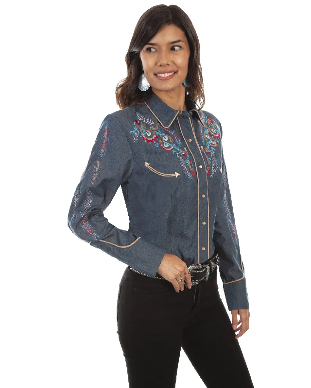 Women's Feather and Floral Western Shirt Hooded Caped Shawl Collar