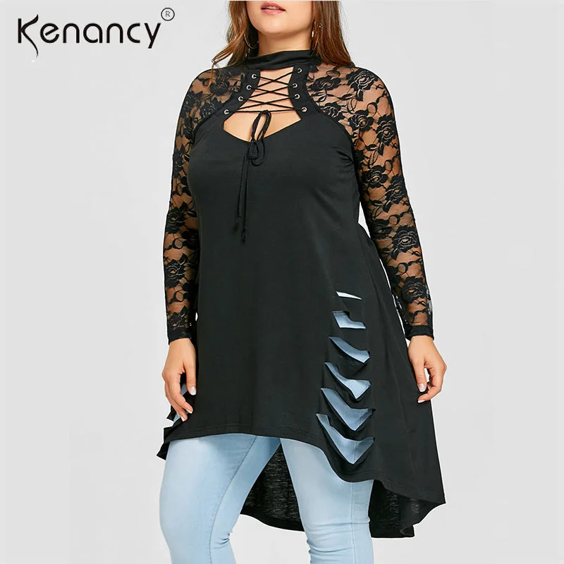 Kenancy Gothic 5XL Plus Size Sexy Lace Trim Cut Out Black T Shirt Women Lace Sleeve Mock Neck High Low Hem Shredded Women Tops Elegant Classic Vintage