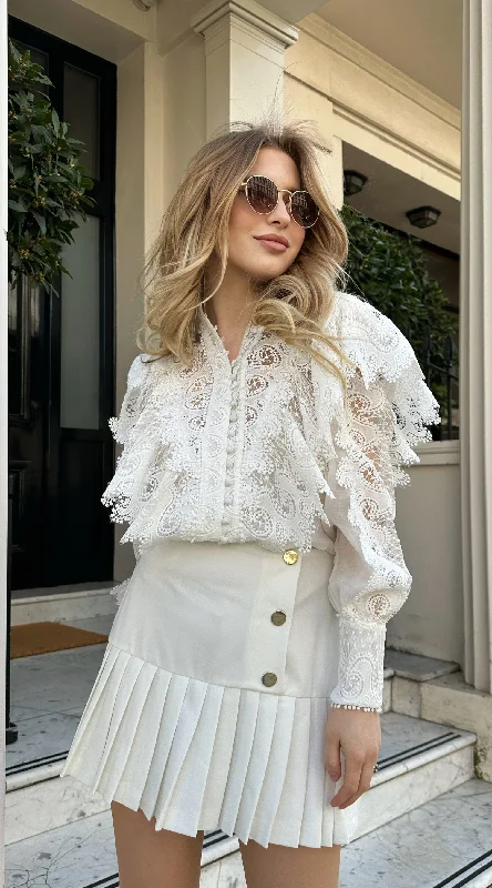OUTLET Liberty Lace and Chiffon Shirt Collared T-Shirt Boat Neck A-Line