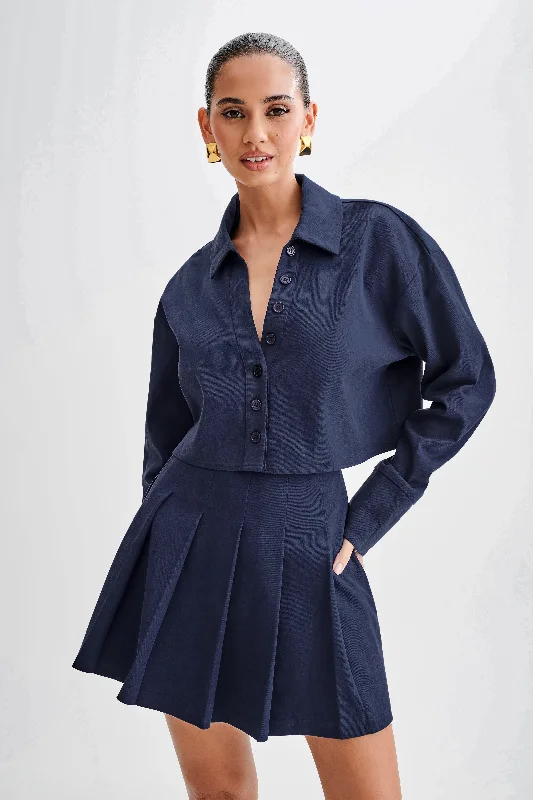Julianna Cotton Button Up Shirt - Navy Terry Blend Velvet Blend Canvas Blend