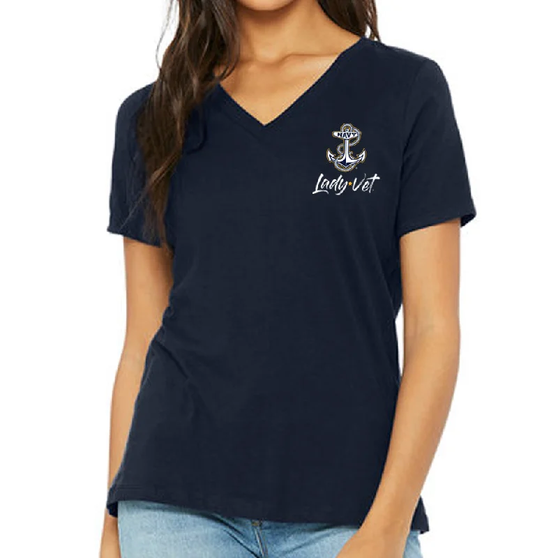 Navy Lady Vet Left Chest Logo V-Neck T-Shirt Polka Dot Checkered Tartan
