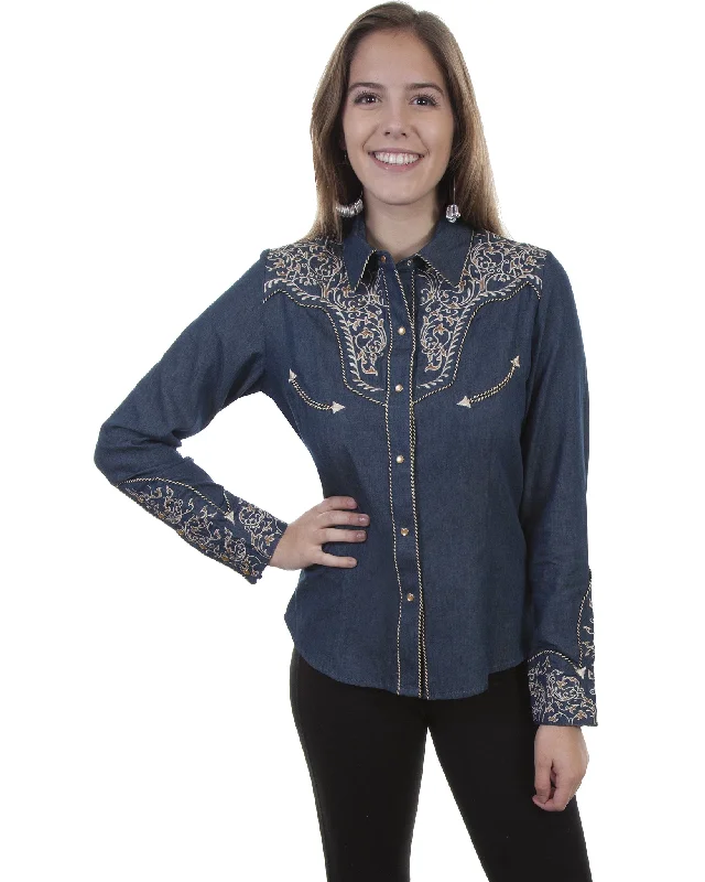 Women's Embroidery Scroll Western Shirt Zippered Front Buttoned Front Snap Front