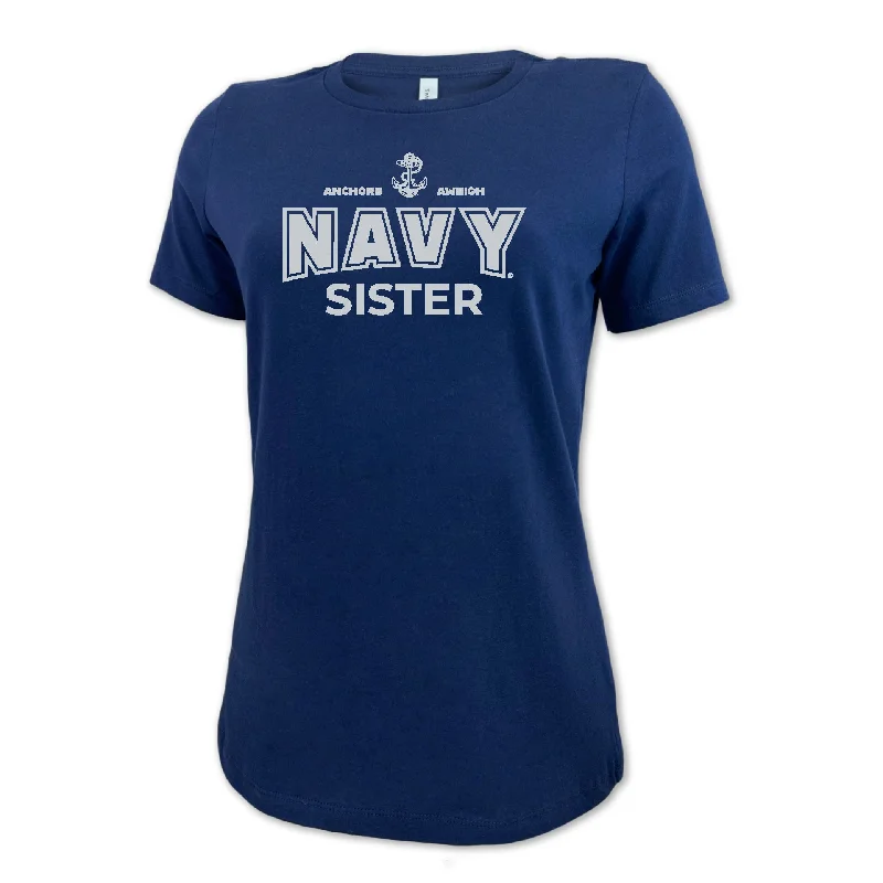 Navy Sister Ladies T-Shirt (Navy) Solid Print Embellished