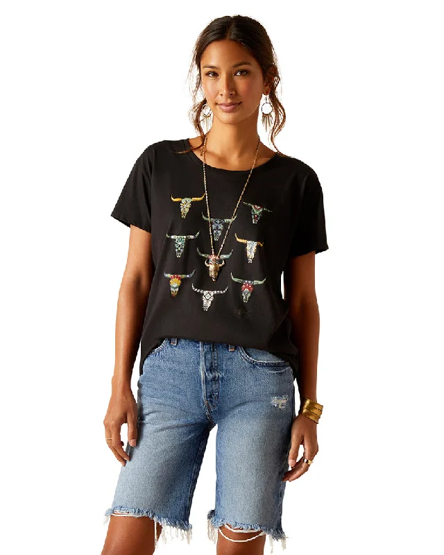 Women's Deco Skulls T-Shirt Ribbed Striped Patterned
