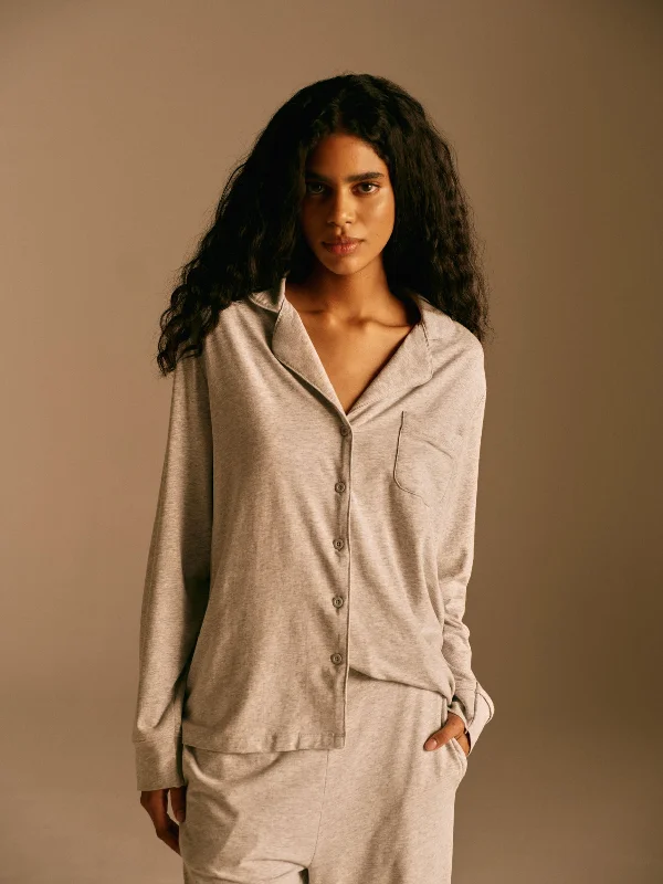 Modal Pyjama Shirt - Light Grey Melange Hooded Caped Shawl Collar