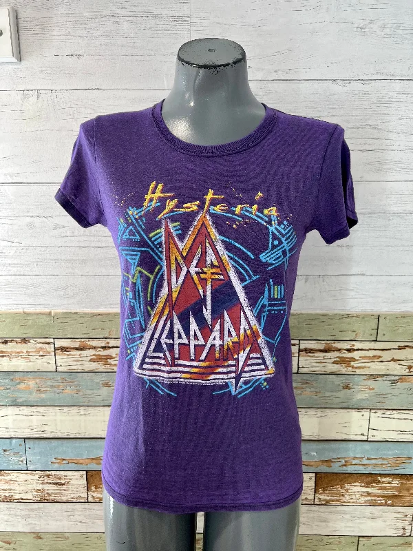00’s Purple Distress Def Leppard Revival Music T-Shirt Asymmetrical Pockets Print