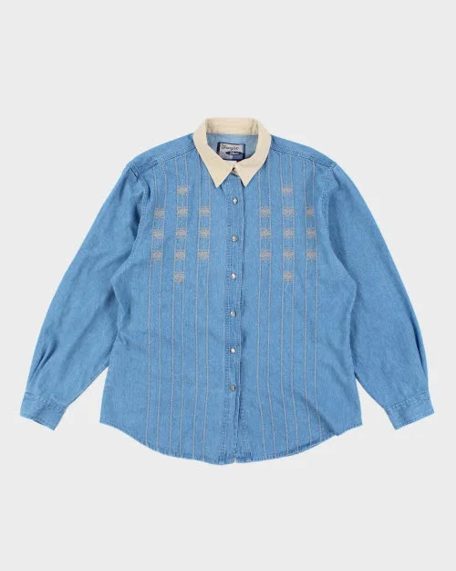 Vintage Wrangler Embroidered Denim Shirt - L Wool Fabric Cashmere Fabric Tweed Fabric