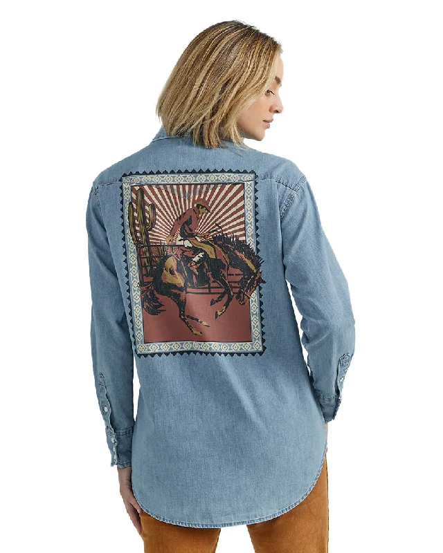 Women's Rodeo Poster Denim Western Snap Shirt Seamless Knitted Crochet