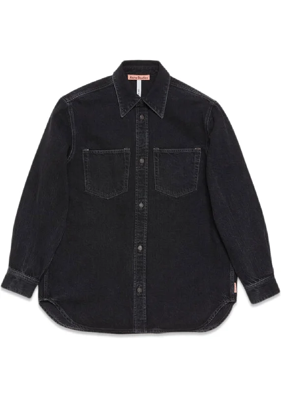 Denim Button Up Shirt - Black Collared Crew Neck Turtle Neck