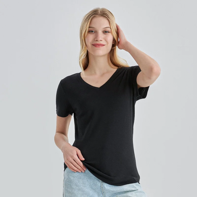 Women’s Merino 170g V-Neck  Short Sleeve T-Shirt  Black Zippered Front Buttoned Front Snap Front