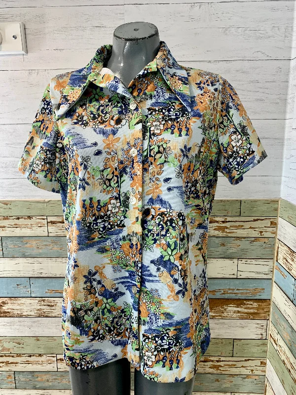 70s Blue Green And Orange Floral Button Up Shirt Silk Blend Satin Velvet