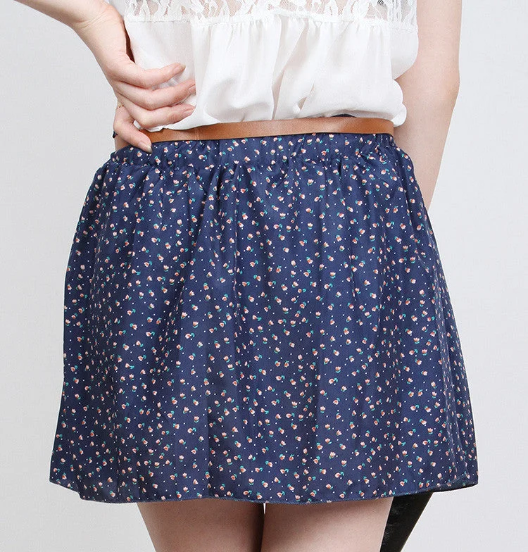 Fashion 4 Colors Pleated Floral Chiffon Women Ladies Cute Mini Skirt Belt Include Flower Printed Pattern Pleated Short corduroy skirt cozy