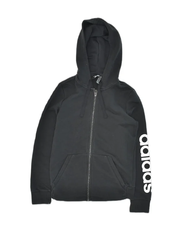 ADIDAS Womens Graphic Zip Hoodie Sweater UK 8/10 Small Black Cotton Terry Blend Velvet Blend Canvas Blend