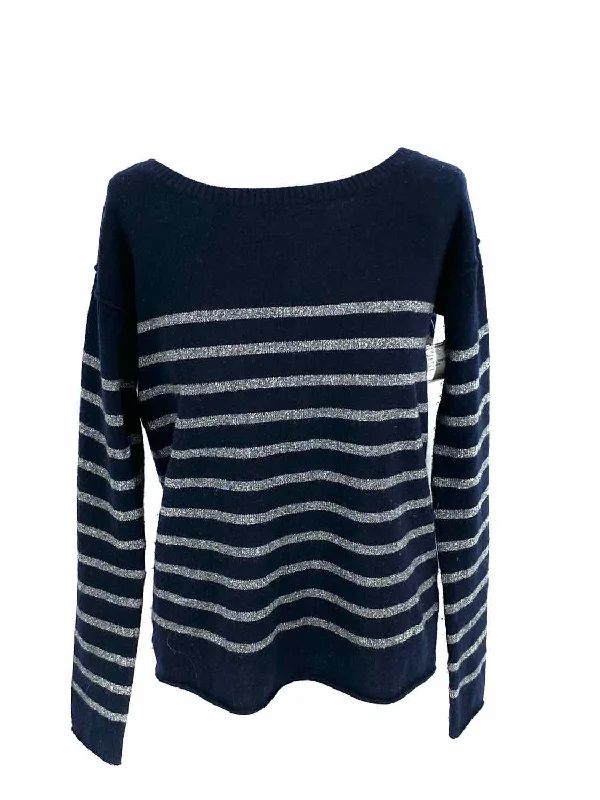 Vince Women's Navy/Gray Wool Blend Stripe Size S Sweater Boat Neck Shawl Collar Notched Collar
