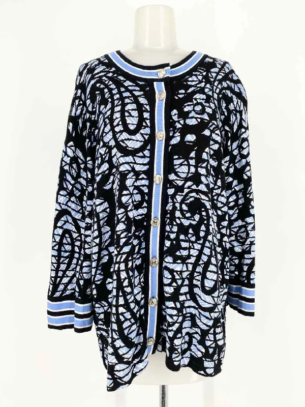 Bob Mackie Women's Light Blue/Black Geometric Size L Sweater Oversized Loose Flowy