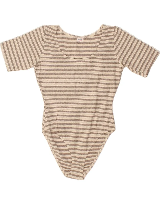 VINTAGE Womens Bodysuit UK 12 Medium Beige Striped Viscose Fashionable Square Neck Bodysuit
