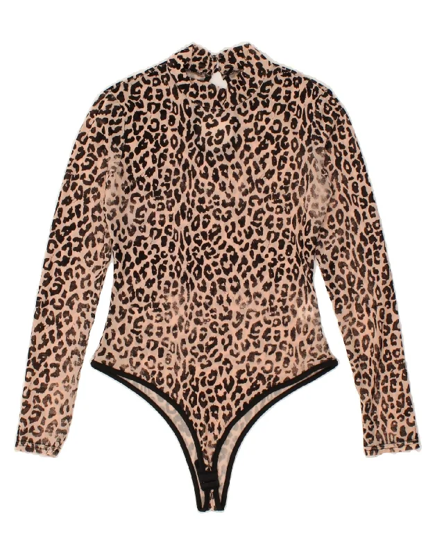 VINTAGE Womens Long Sleeve Bodysuit UK 8 Small Beige Animal Print Cozy Fit Bodysuit