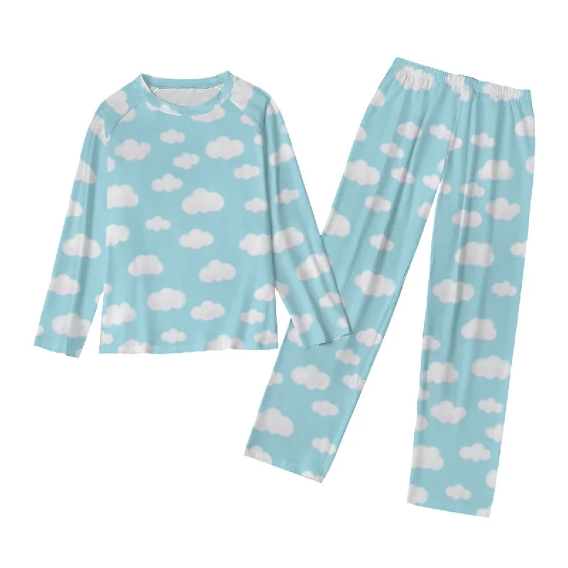 Dreamy Clouds Women's Raglan Long Sleeve Top With Wide Ankle Pants Pajamas Set (Sky Blue) Classic Straight-Leg Pants