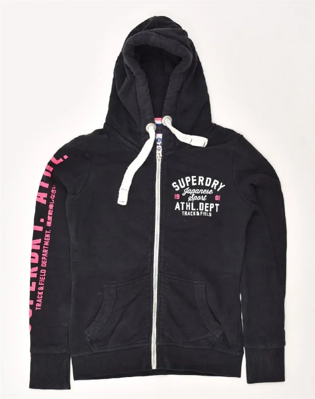 SUPERDRY Womens Graphic Zip Hoodie Sweater UK 10 Small Black Cotton Wool Sweater Cotton Sweater Cashmere Sweater