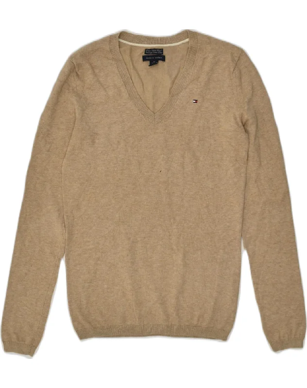 TOMMY HILFIGER Womens V-Neck Jumper Sweater UK 6 XS Brown Cotton Neon Metallic Matte