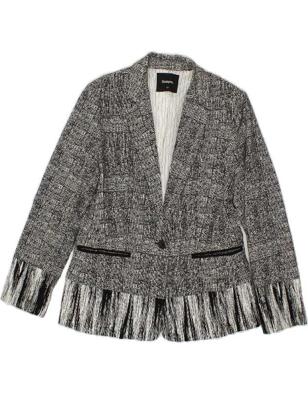 DESIGUAL Womens 1 Button Blazer Jacket EU 40 Medium Grey Check Polyester Zip Front Button Front Snap Front