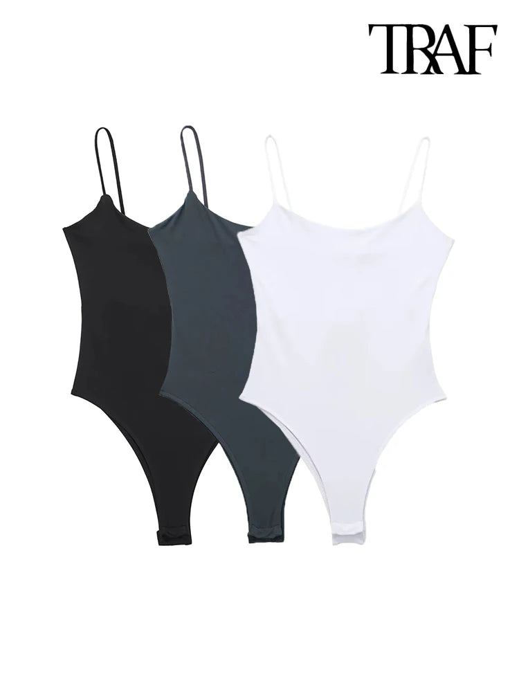 TRAF-Skinny Bodysuits for Women, Backless, Thin Straps, Snap-button, Female Playsuits, Sexy Fashion Elegant Bodysuit with Chiffon