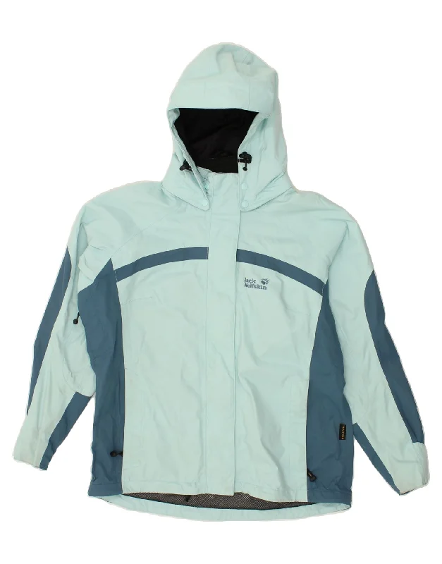 JACK WOLFSKIN Womens Hooded Rain Jacket UK 16 Large  Blue Colourblock Print Jacket Jacquard Jacket Embroidered Jacket