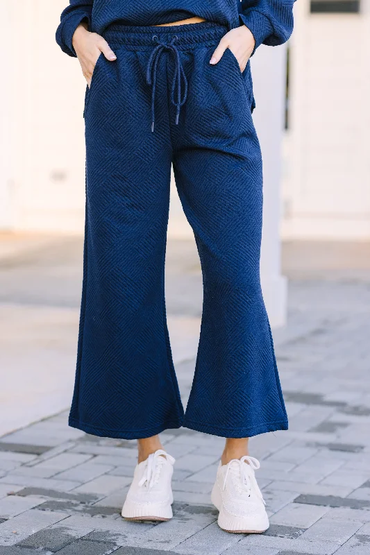Make Your Day Navy Blue Textured Pants Elegant Silk Pants