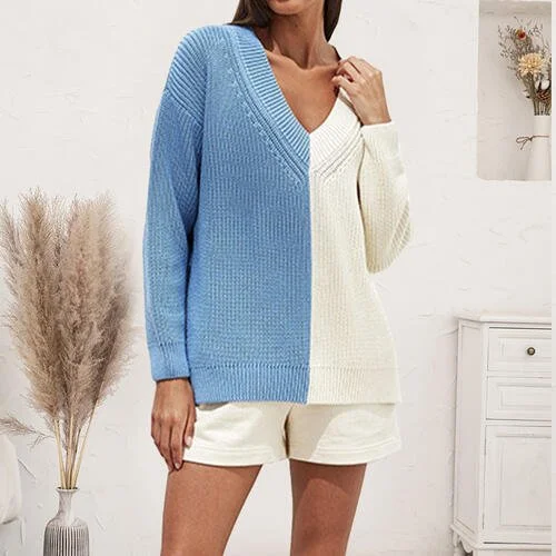 Contrast V-Neck Drop Shoulder Slit Sweater Boxy Sweater Fitted Sweater A-Line