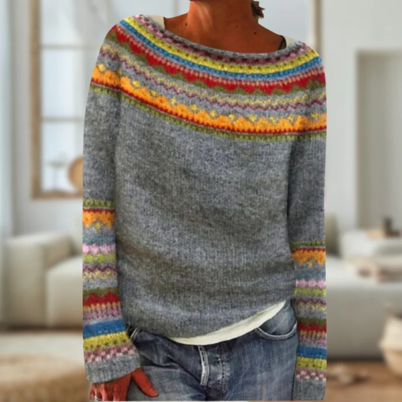 Riley® | Long sleeve printed retro sweater Cable Knit Ribbed Knit Lace Knit