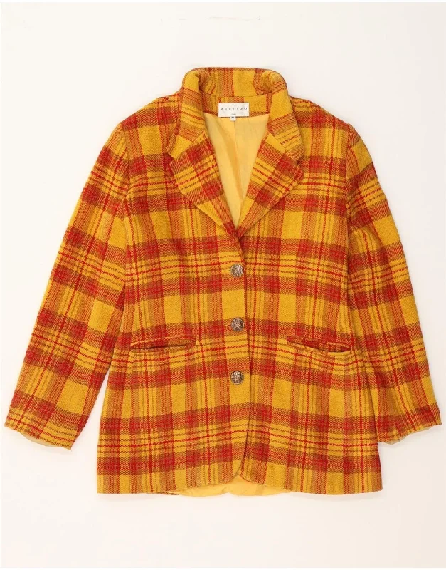 VERTIGO Womens 3 Button Blazer Jacket UK 18 XL Yellow Check Acrylic Collared Jacket Crew Neck Jacket Turtle Neck Jacket