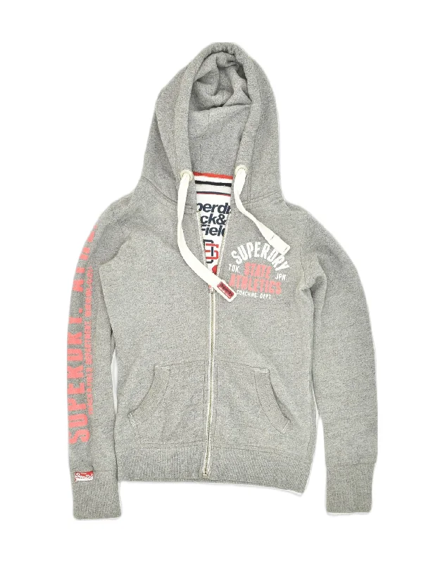 SUPERDRY Womens Graphic Zip Hoodie Sweater UK 6 XS Grey Cotton Graphic Sweater Embroidered Appliqued