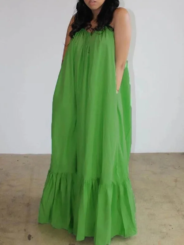 Sling Sleeveless Solid Color Big Swing Dress Cowl Neckline Elegant