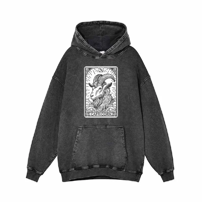 Capricorn Tarot Card Horoscope Vintage Washed Hoodie Hoodie with Ribbed Cuffs Snug Fit Comfort
