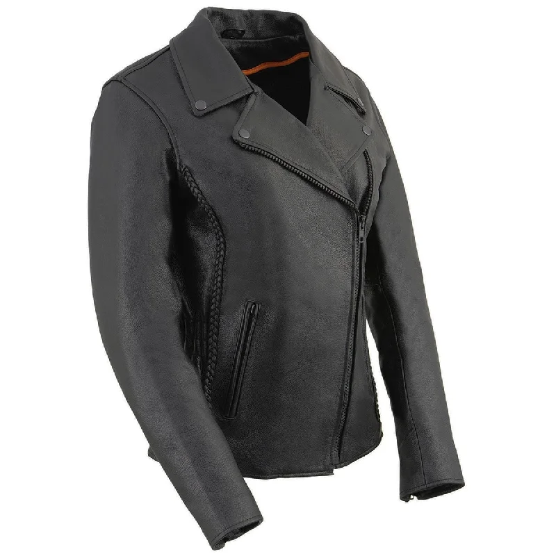 Women's Black Braided Lightweight Leather Biker Jacket Lace Jacket Ribbed Jacket Sequined Jacket