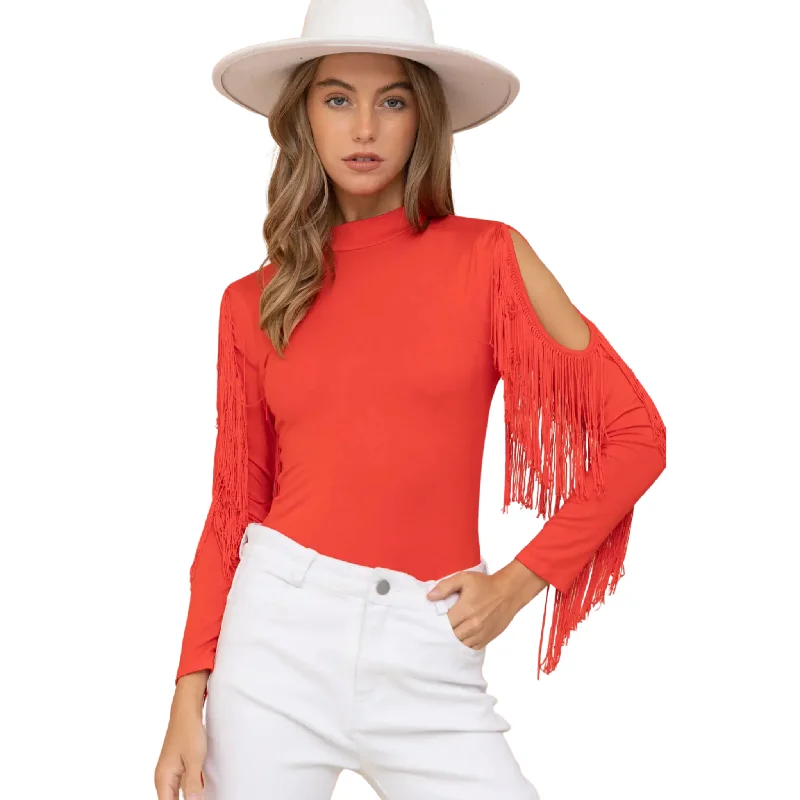 BLUE B WOMEN'S MOCK SHOULDER FRINGE BODYSUIT - 32406T Stylish Bodysuit with Peplum