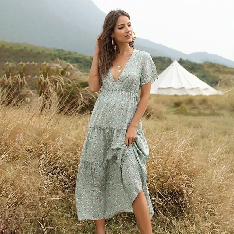 Long Summer Boho Sexy Flowers Dress With V-neck Tunics Silk luxurious