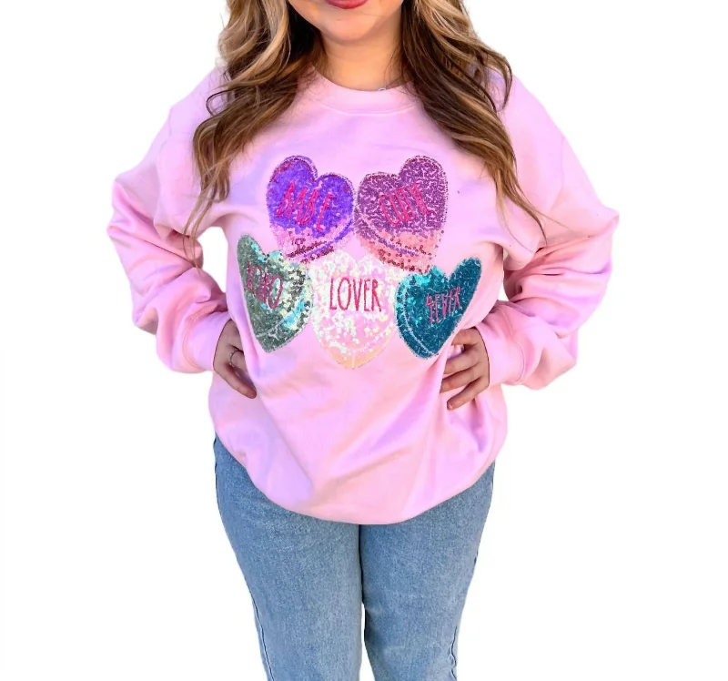 Sequin Conversation Hearts Sweatshirt In Light Pink Hoodie with Reflective Safety Nightwear