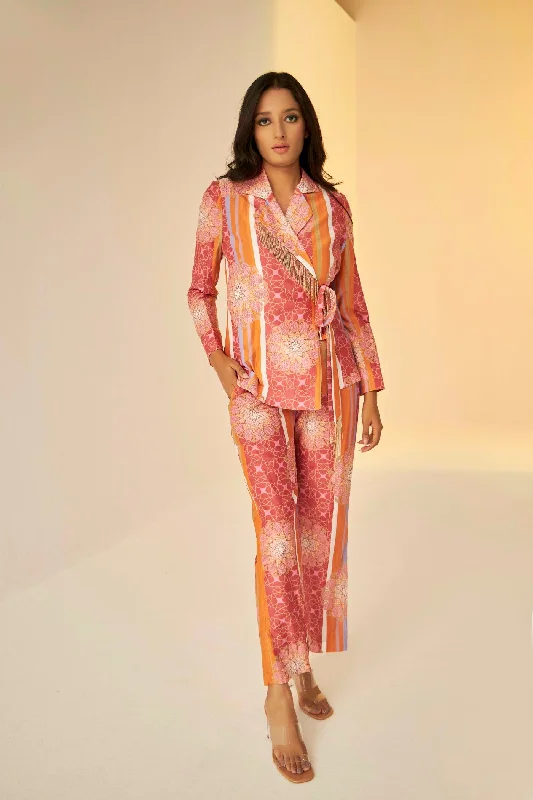 Rust-Wrap Jacket And Pants Set In Bukhara Print Formal Wide-Leg Pants